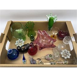 Quantity of glass to include green glass trumpet vase with frilled rim, art glass birds, glasses, scent bottles etc