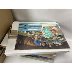 Extensive collection of scratch built buildings for use on ‘00’ gauge model railway layout, small amount of accessories and tools with a quantity of railway magazines and leaflets, in three boxes 