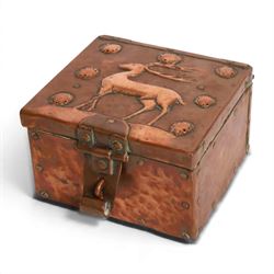 John Pearson  (British, 1859-1930) for Newlyn - Arts & Crafts copper box with central Hart motif, , wood interior, signed JP to the reverse, H8cm, D12cm 