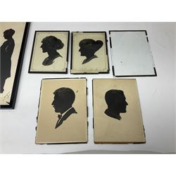 Three early 20th century full profile framed silhouettes, each signed Scot-Ford 1929, together with four hand painted portrait silhouettes and two framed crystoleums, depicting figural scenes (9), largest H35cm