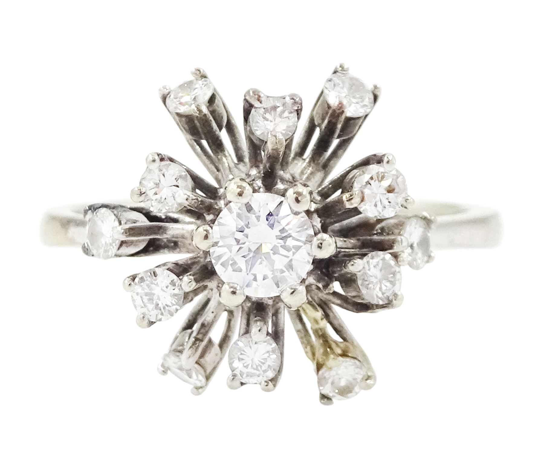 18ct gold diamond cluster ring, the principal round brilliant cut diamond of approx 0.20 carat, surrounded by twelve round brilliant cut diamonds, total diamond wight 0.58 carat