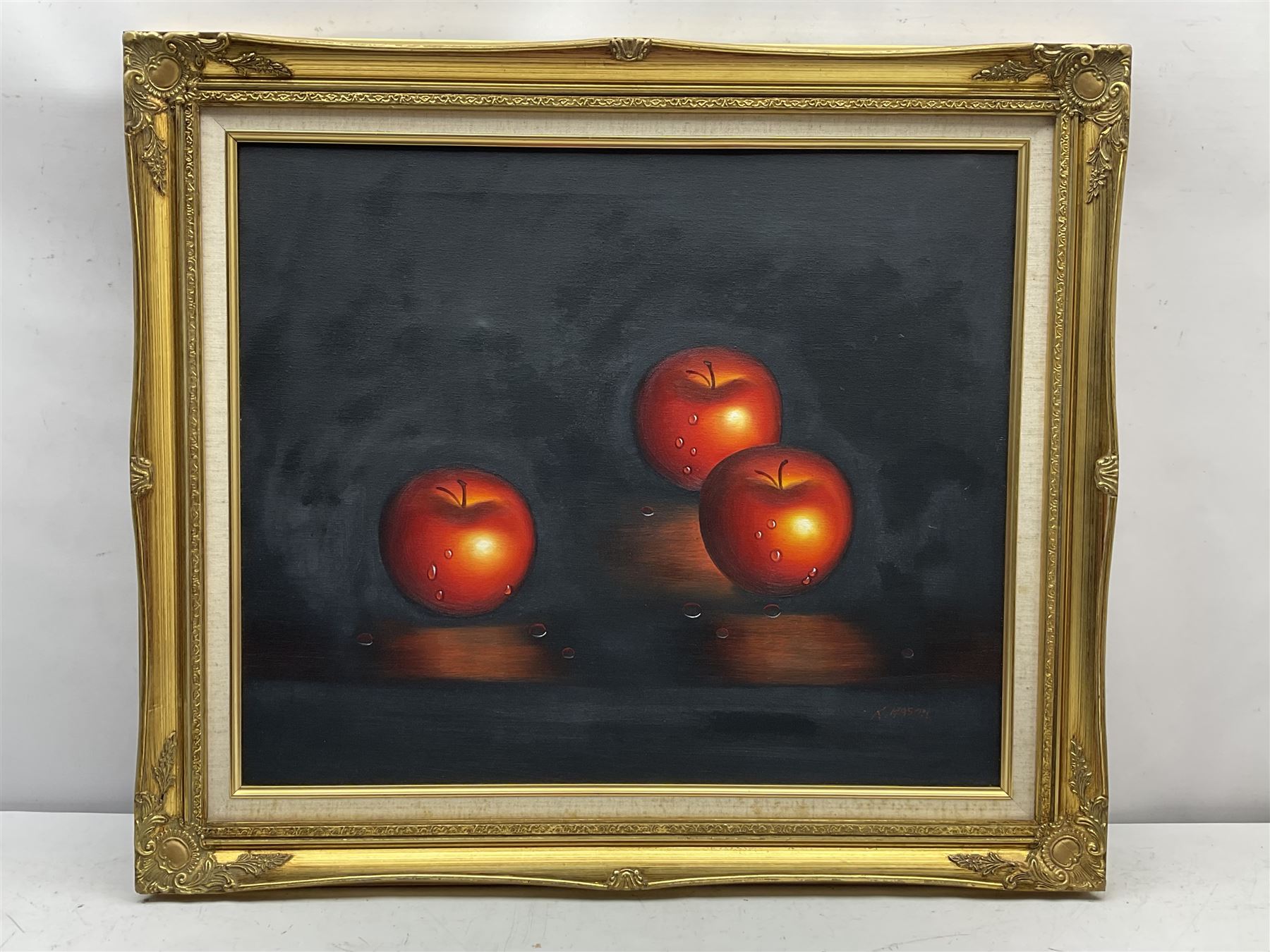 K Mason (20th century): Still Life of Three Apples, oil on canvas signed 50cm x 60cm 
