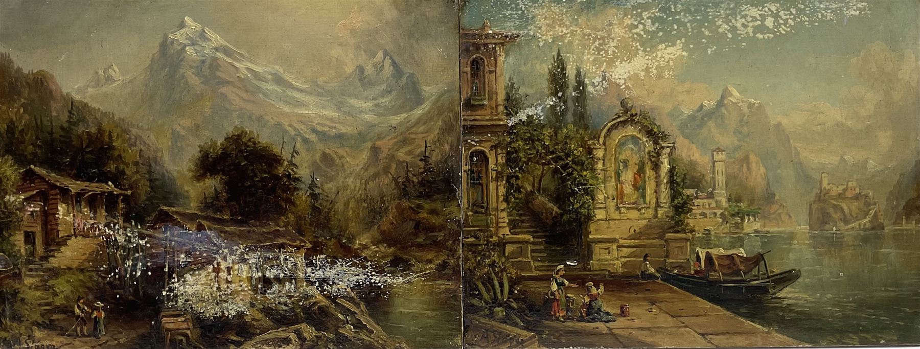 A Slager (Continental  19th century): Alpine Lake and Mountain scenes, pair oils on mahogany panel signed 18cm x 23cm (2)