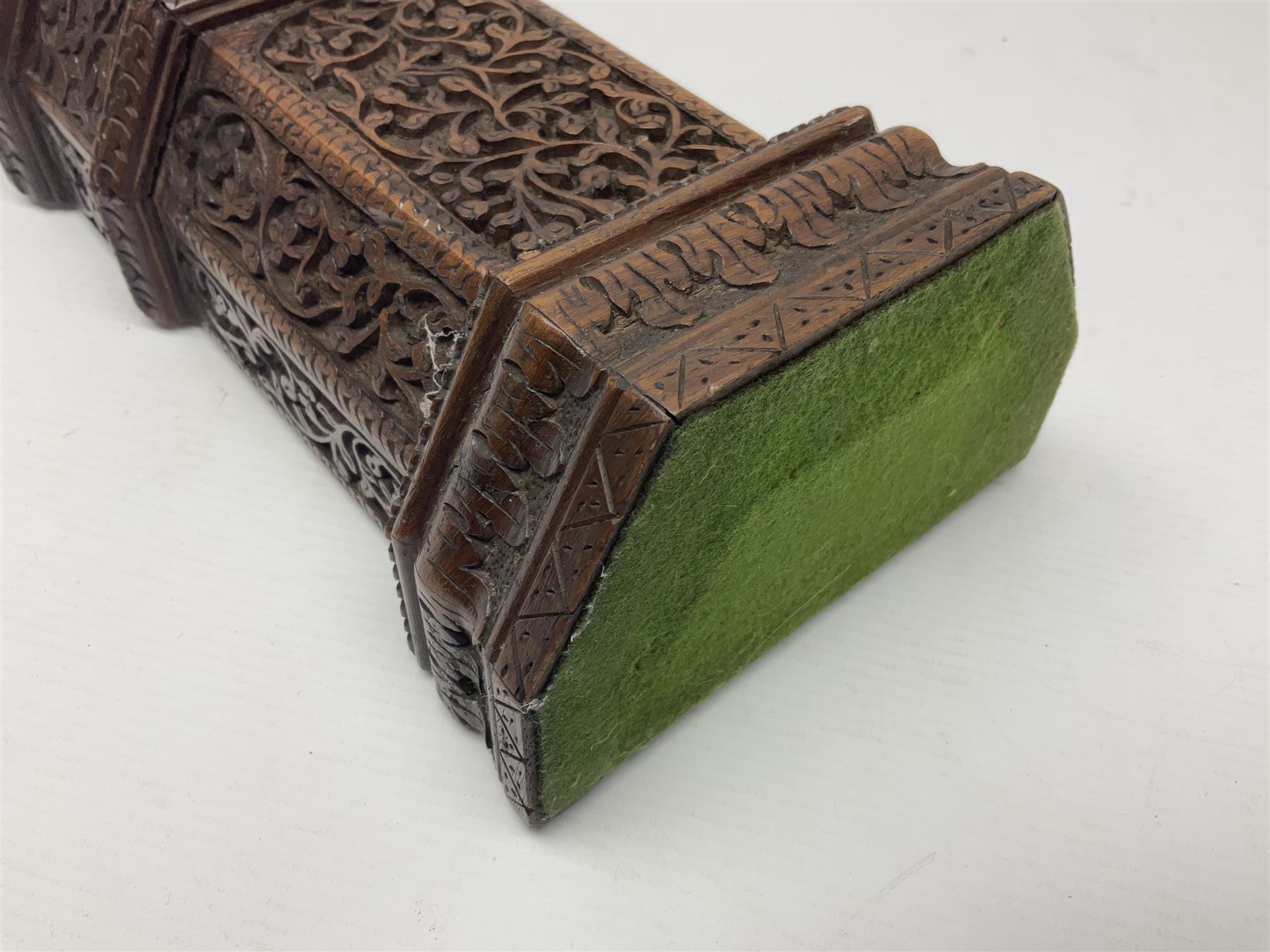 Carved wooden pocket watch holder/stand, in the form of a clock tower, with carved floral design and domed top, H36cm