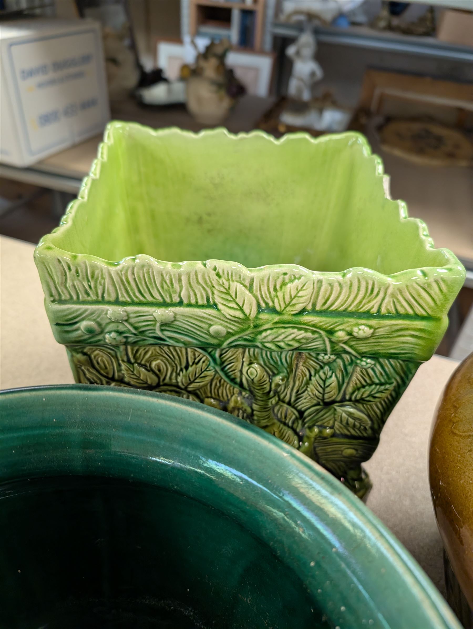 Four jardinières/planters, including Wardle example, together with a hardwood stand, largest jardinière H23.5cm
