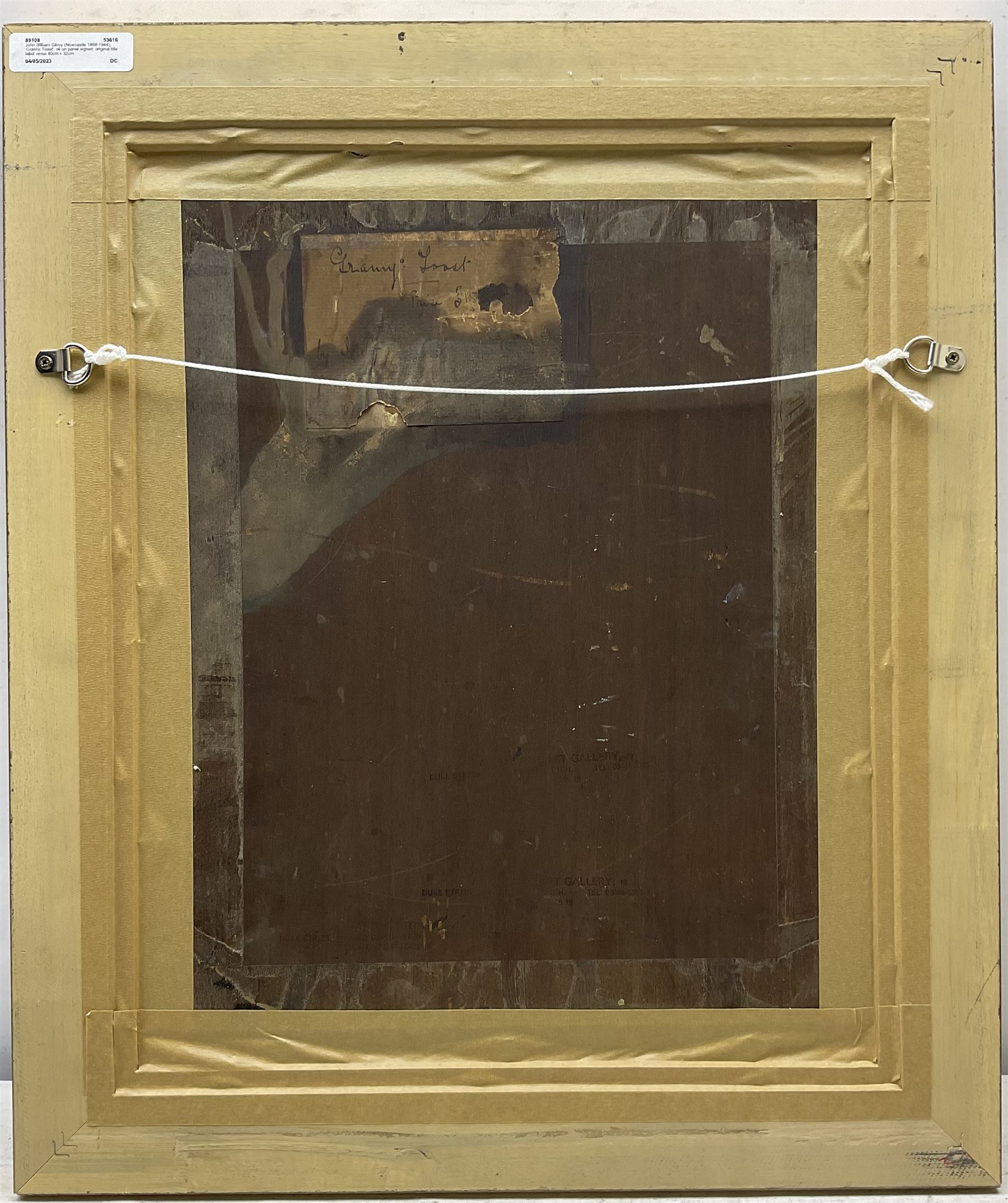 John William Gilroy (Newcastle 1868-1944): 'Granny Toast', oil on panel signed, original title label verso 40cm x 32cm