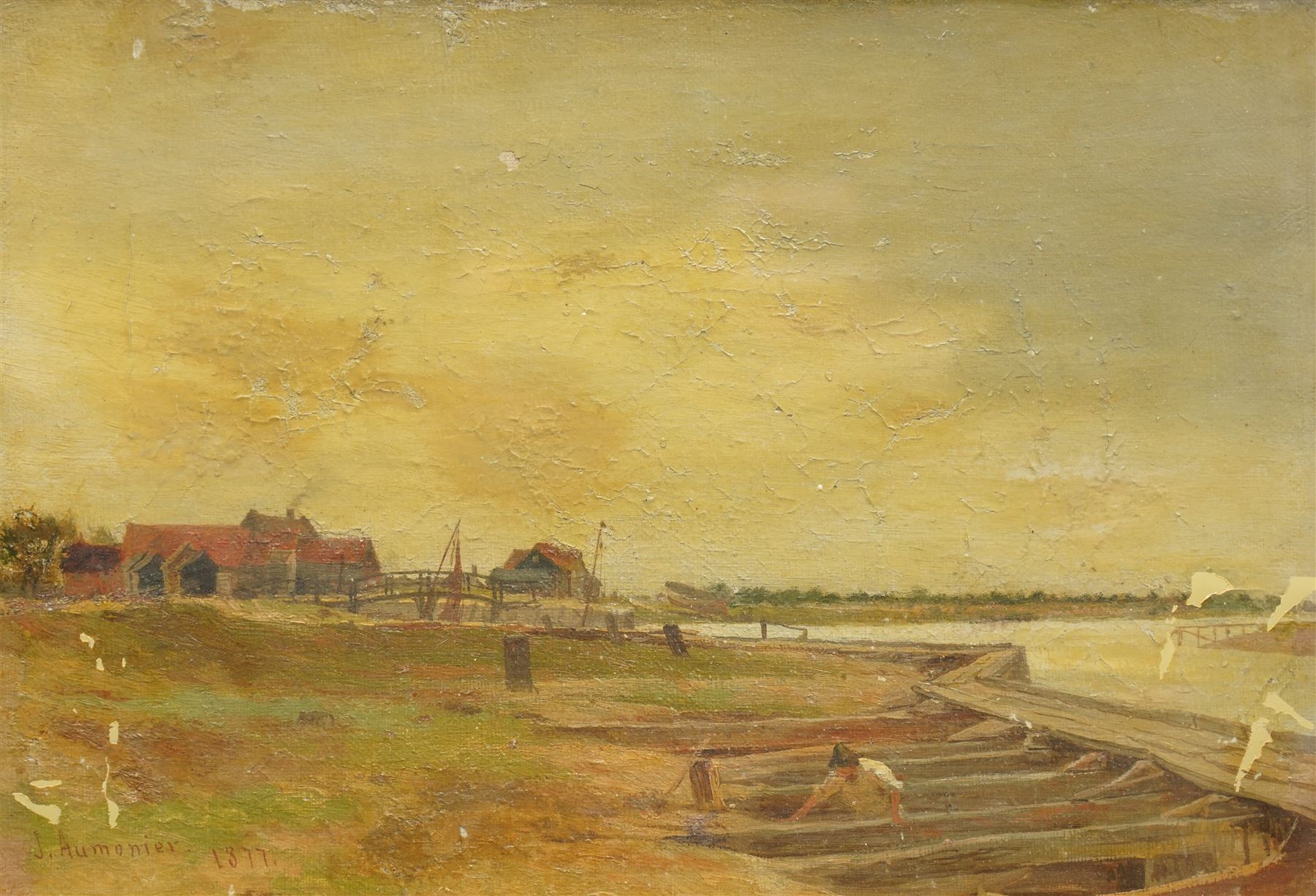 James Aumonier (British 1832-1911): Boats Moored on the Norfolk Broads, oil on canvas signed and dated 1877, i n antique gilt and gesso swept frame 20cm x 29cm