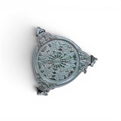 Ornate cast iron three tier garden plant or pan stand, green painted finish