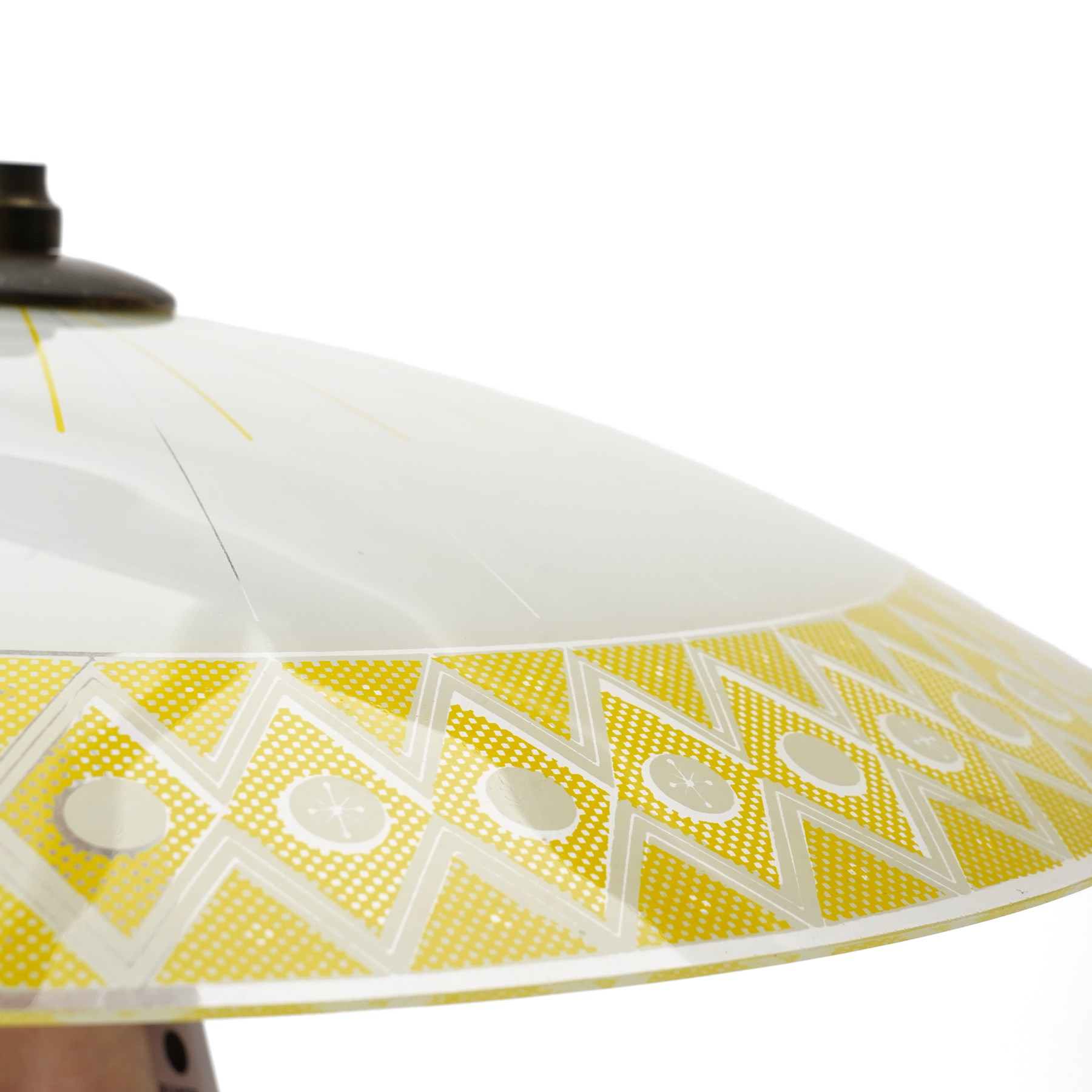 1960s yellow and white glass umbrella chandelier, with brass suspension rod and three lightbulb sockets, Light D47cm, Rod H43.5cm