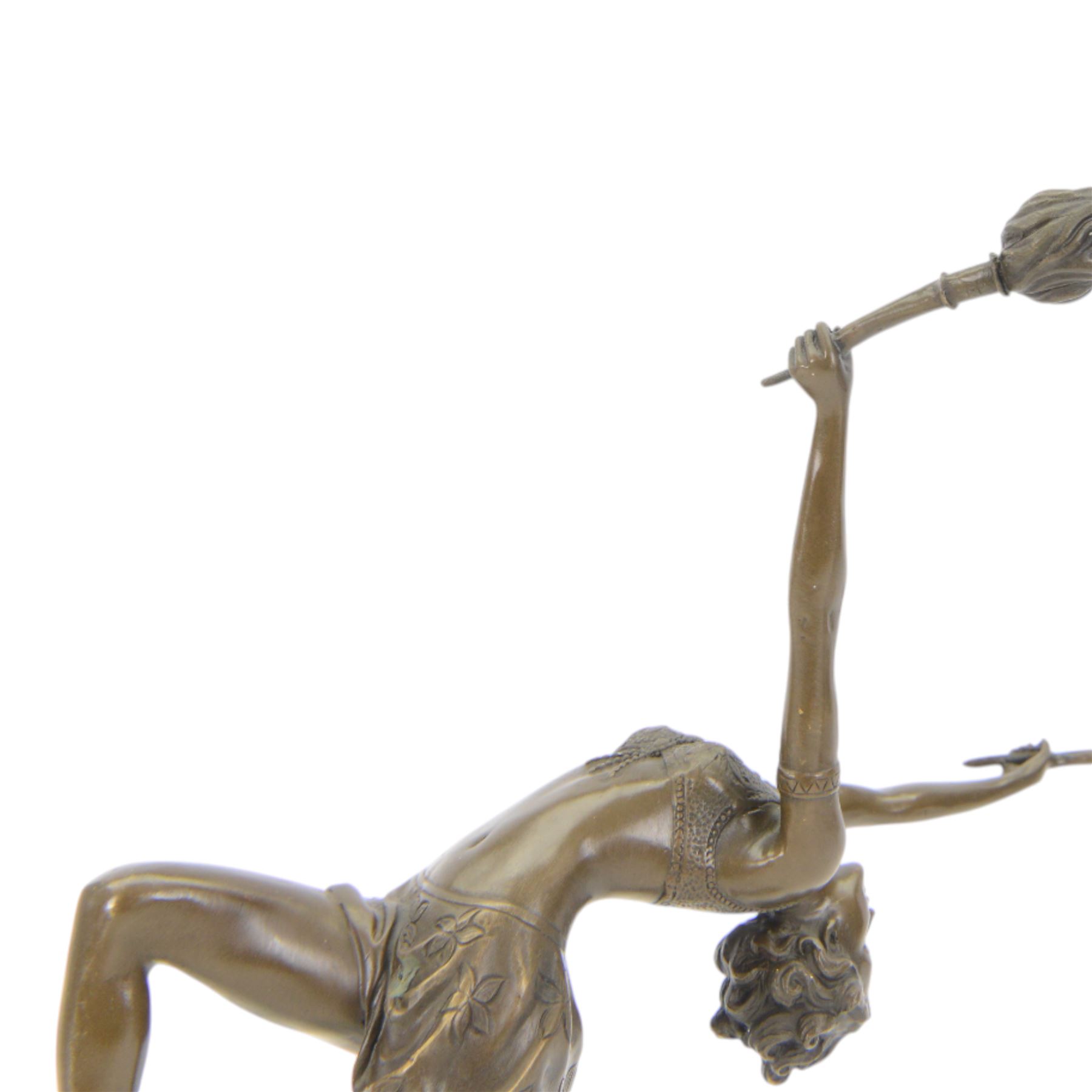  Art Deco style bronze figure of a female dancing with flame torches, raised upon marble socle base, signed F. Paris, H43cm