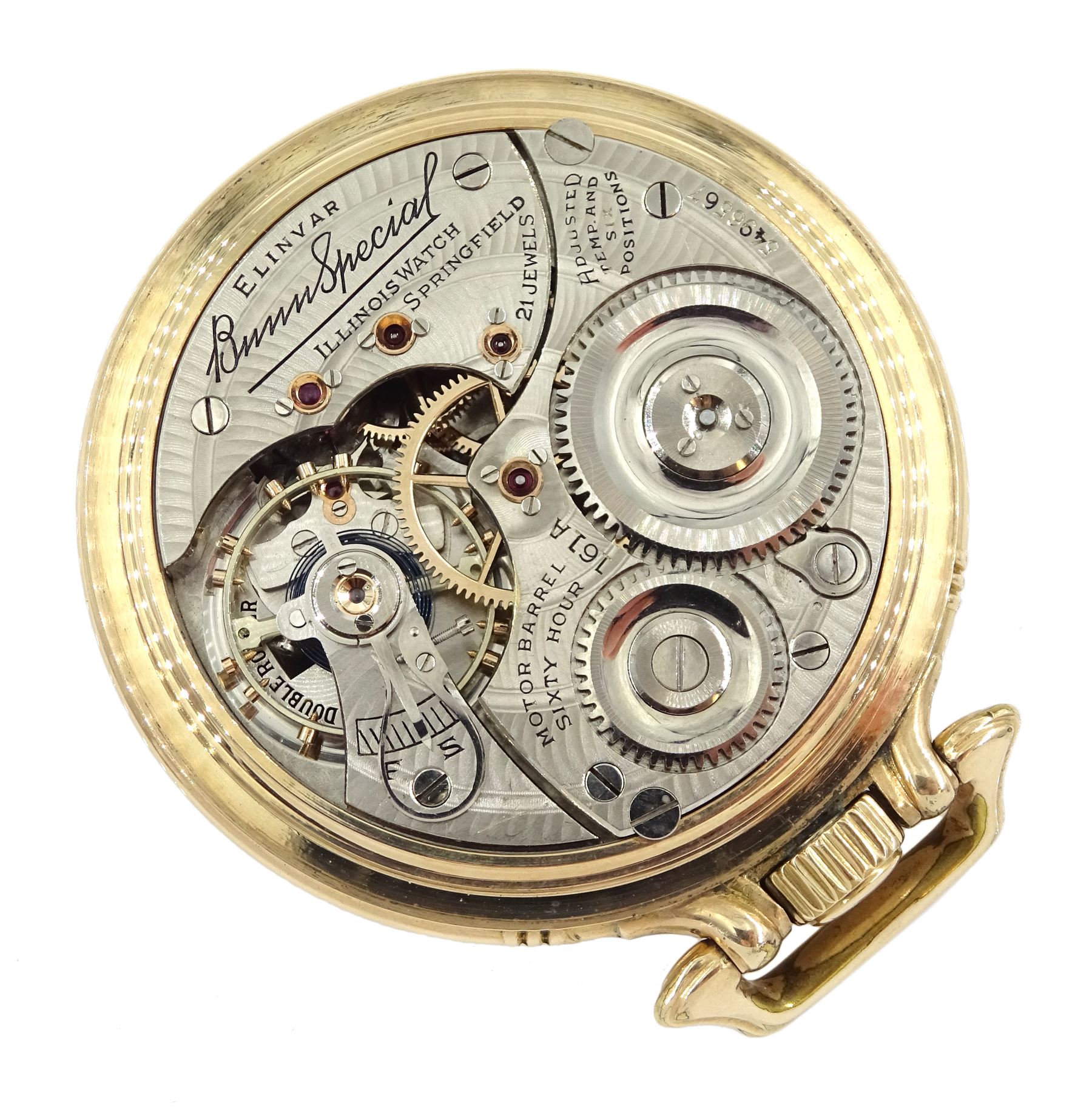 Illinois Watch Company gold-plated open face Elinvar 'Bunn Special' 161A, keyless 21 jewels motor barrel, lever railroad pocket watch, No. 5496567, white enamel dial with Arabic numerals and subsidiary seconds dial, screw back case No. 84465, model No. 107