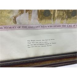 WW1 photogravure print depicting the VC action of Boy (1st Class) John Travers Cornwell mortally wounded in the Battle of Jutland May 31st 1916 34 x 41cm, walnut frame; and WW1 colour print entitled 'England's 1914-1919 Call' in simulated rosewood frame (2)