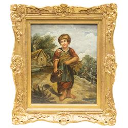 Continental School (20th Century): Dutch Street Scene, oil on panel indistinctly signed 29cm x 39cm; Naive School (20th Century): Girl with Water Jug, oil on board unsigned 26cm x 21cm (2)