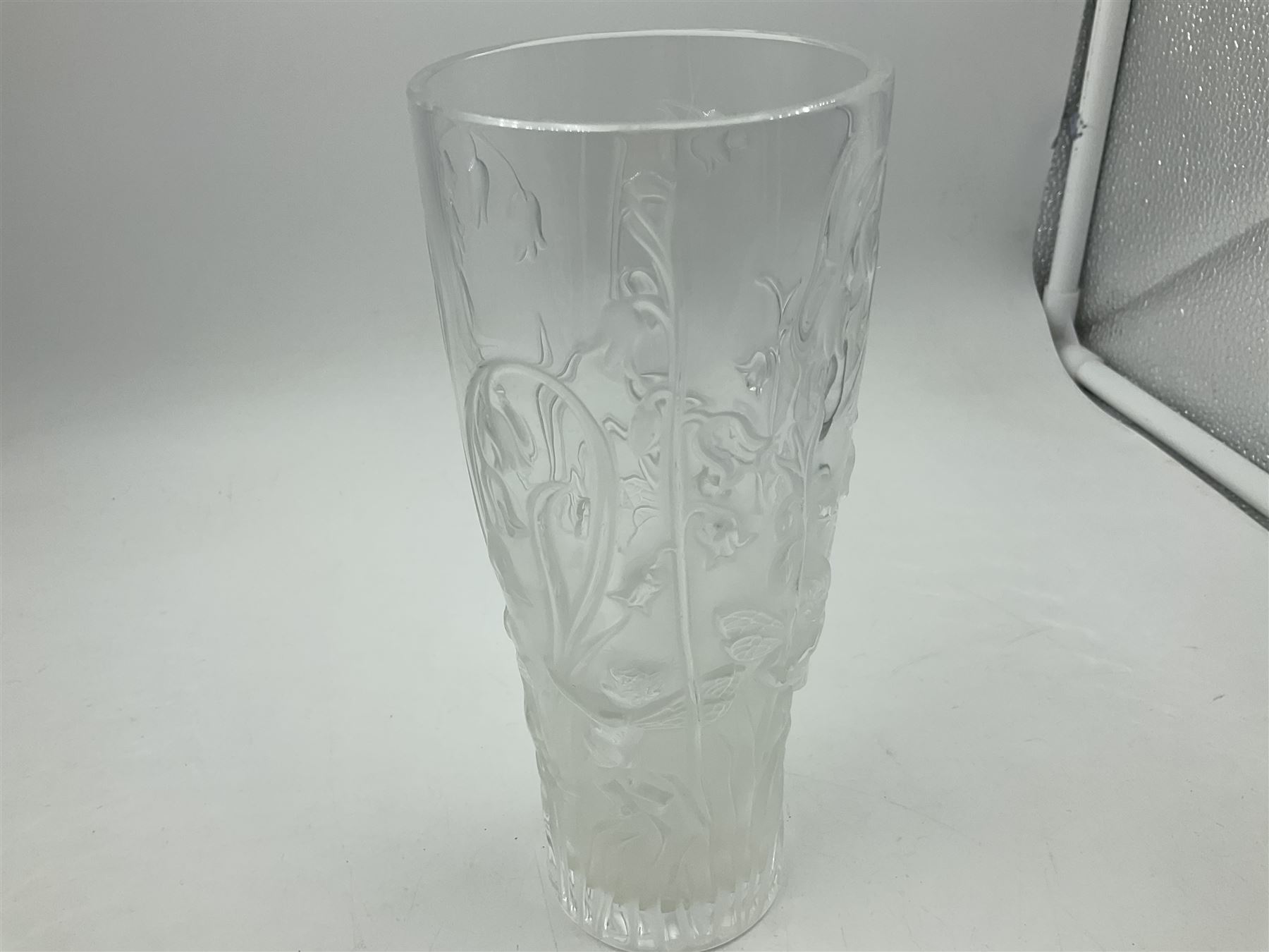 Lalique Elves frosted glass vase, moulded with elves playing amongst bluebells, circa 2005, with engraved Lalique France mark beneath, H19.5cm