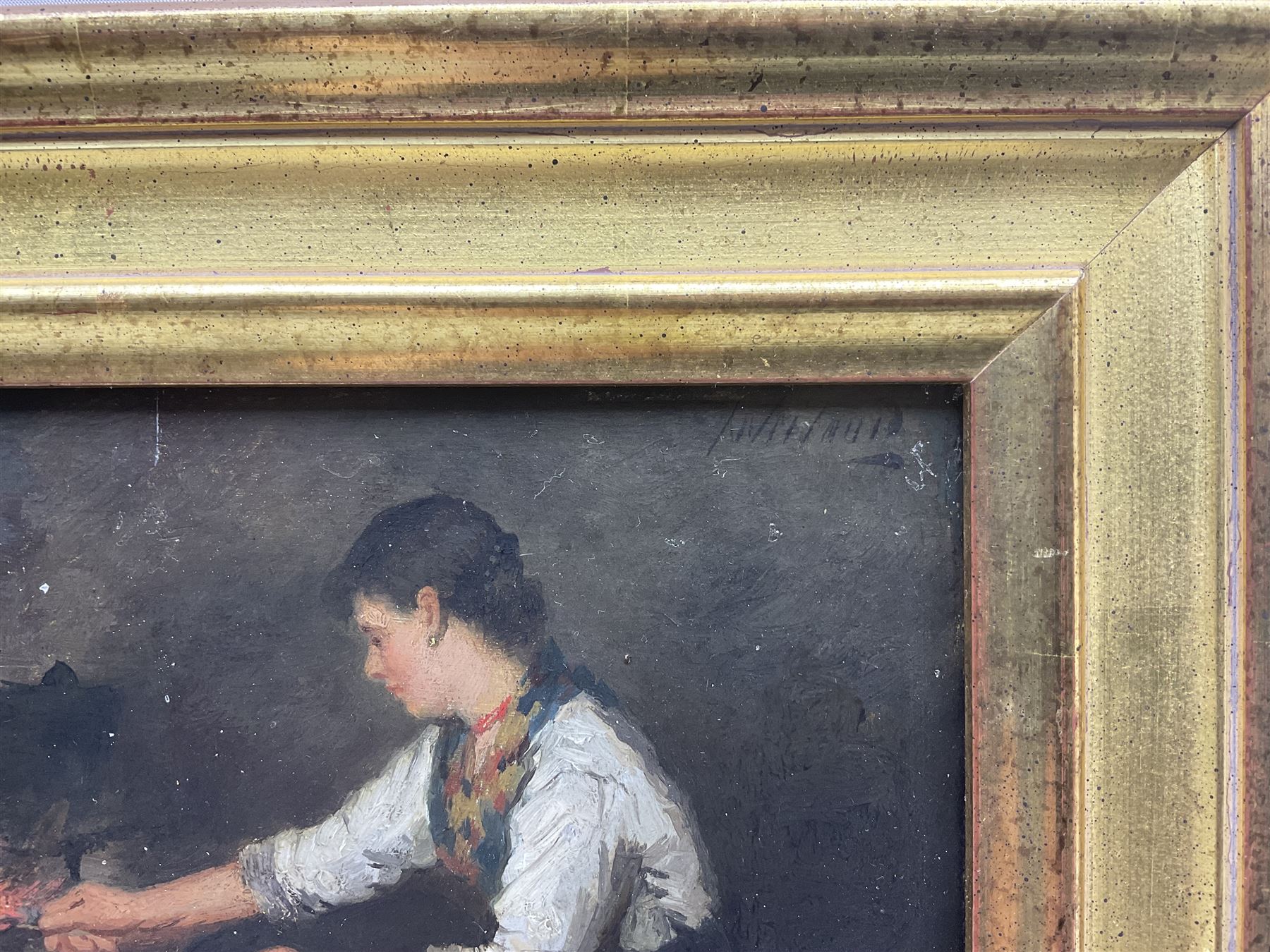 Johannes Weiland (Dutch 1856-1909): Girl Tending a Fire, oil on panel signed 14.5cm x 25cm 