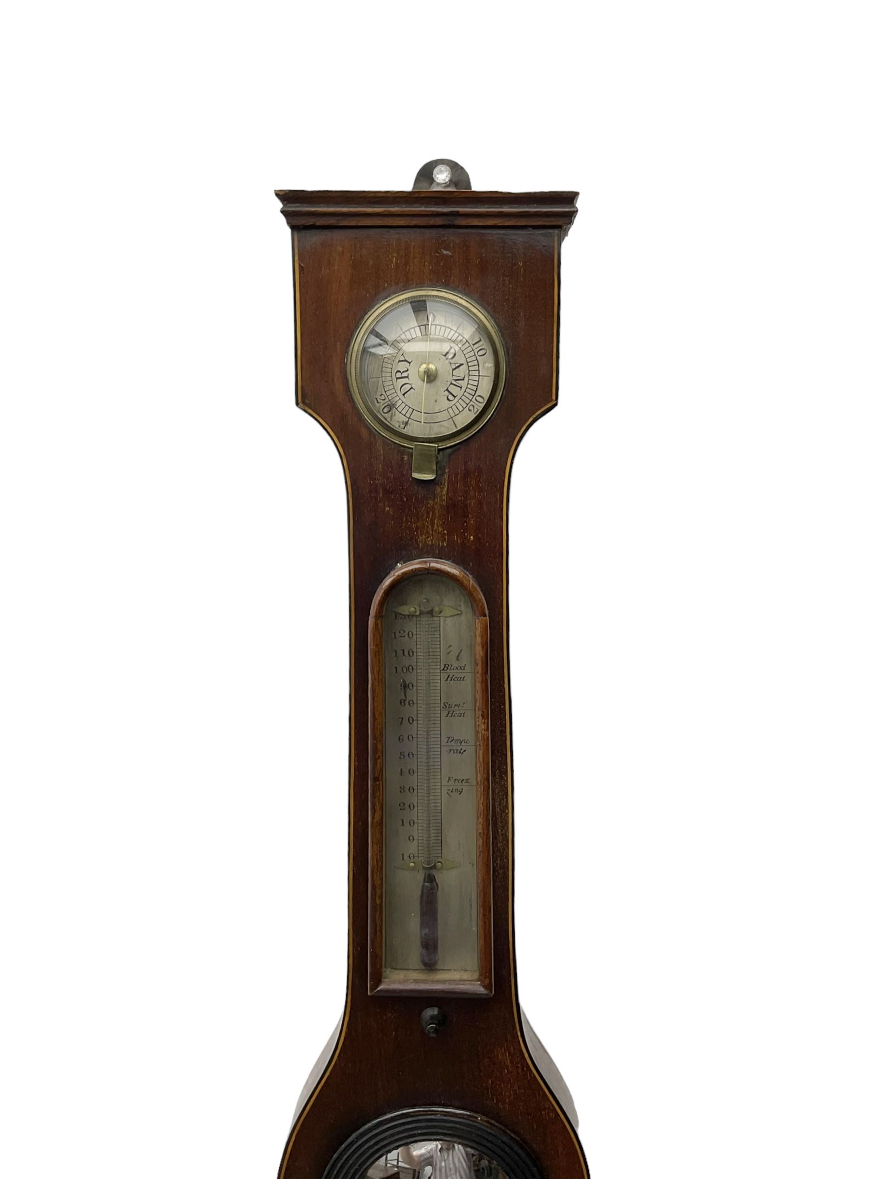 19th century  - mahogany five glass wheel barometer, with an 8” silvered dial and cast brass bezel, flat topped pediment and round base, with hydrometer, spirit thermometer, butlers mirror and level bubble, syphon tube and counterweights intact, mercury present.