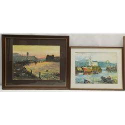 Dave Smart (British 20th century): 'Sunset Harbour' and 'November Harbour' Scarborough, two watercolours signed and titled 24cm x 33cm and 27cm x 37cm, together with a print of Scarborough after Percy Hope 14cm x 45cm (3)