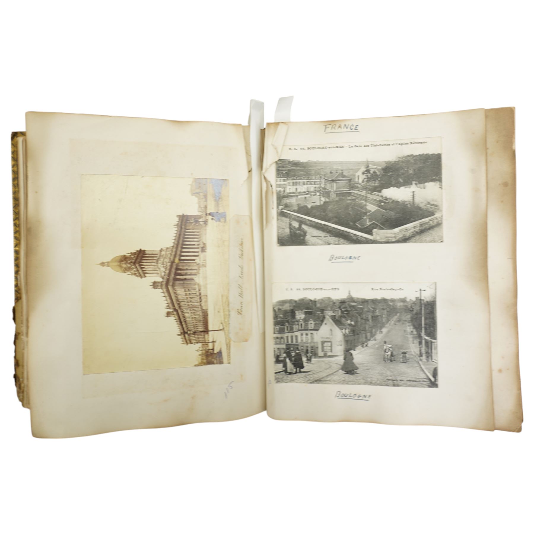 Early 20th century photograph album and contents of approximately 200 photographs and postcards including Alexandra Palace, Isle of Wight, views of Belgaum, India 1917, Palestine and Syria 1917-1919 etc, number of military glass slides and loose photographs