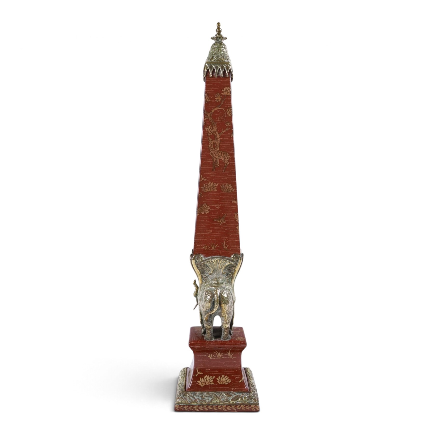 Wong Lee ceramic and brass obelisks, decorated with deer, trees and butterflies mounted on a brass elephant with brass to the base and top, H64cm