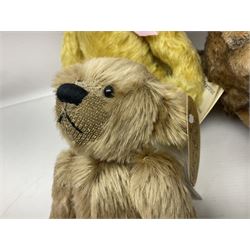 Seven modern Steiff teddy bears comprising two limited edition '1908 Paul the Growler' bears Nos.1124/3000 and 1310/3000; 028649 Classic Teddybear 23; 005992 Classic Teddybear 28 (black); 071249 Mungo Meerkat 30; 079139 Reclining dog for American Kennel Club; and 029561 Petsy gespitzt (1928) 16cm; together with a Mrs. McCatty's limited edition 2156 Sophie bear No.1557/1750; all unboxed but most with labels (8)