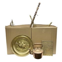 Copper and brass items, including fire tools, kettle, warming pan, tray, chargers, jug etc