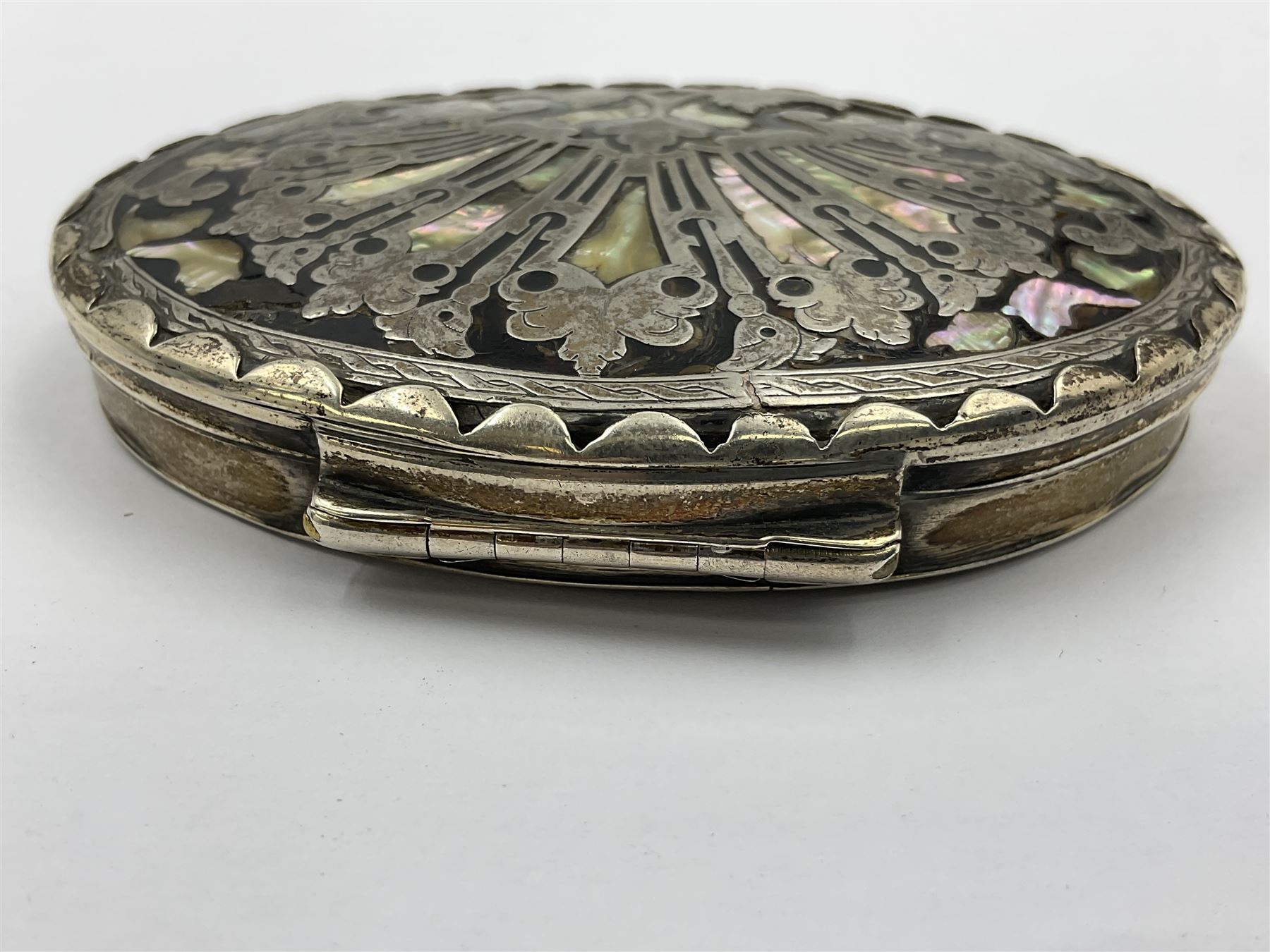 18th century silver plated oval snuff box with tortoiseshell lid inlaid with silver and mother of pearl 