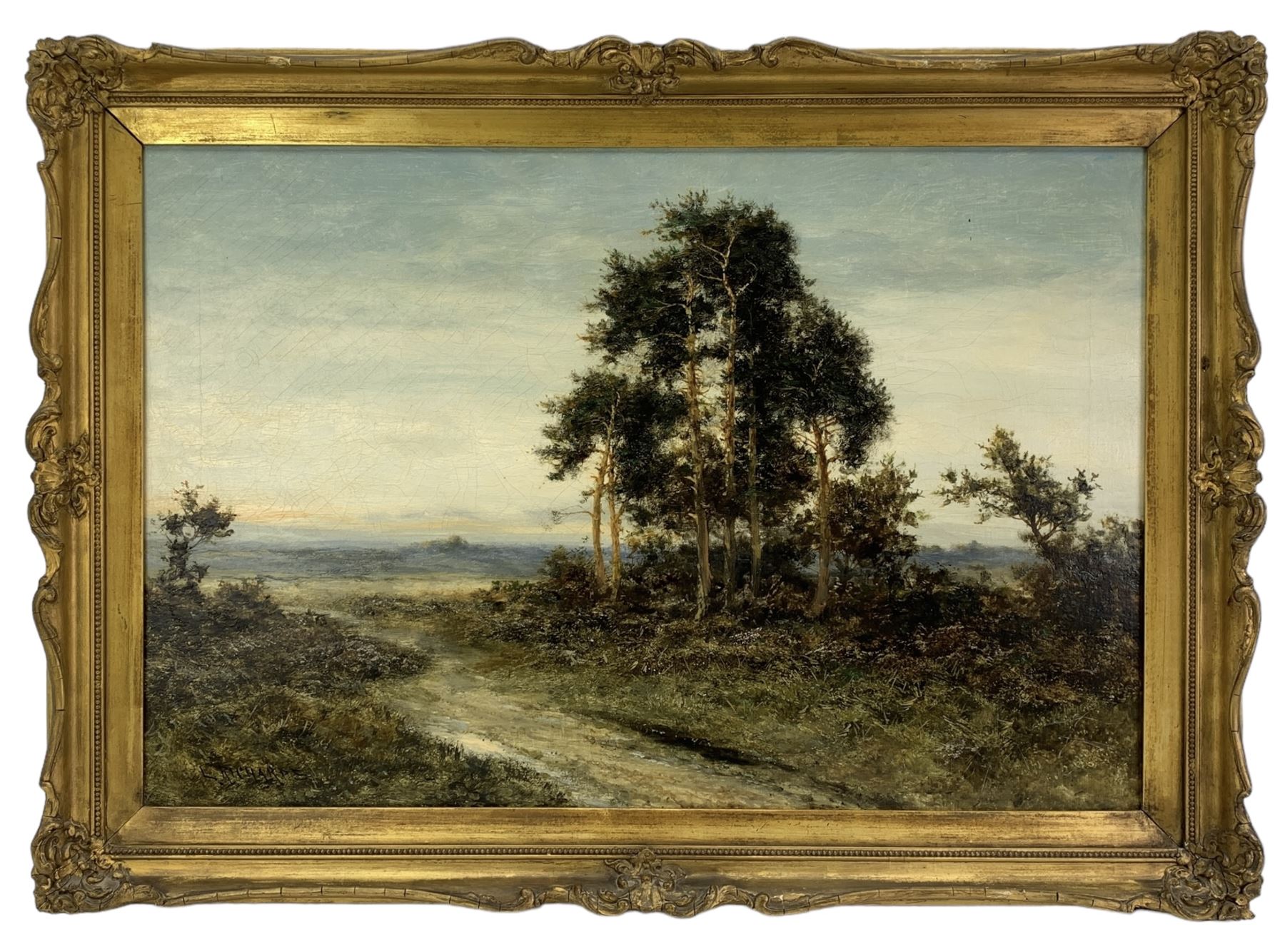 L Richards aka David Sherrin (British 1868-1940): Country Paths at Dawn, tryptic oils on canvas max 50cm x 75cm (3)