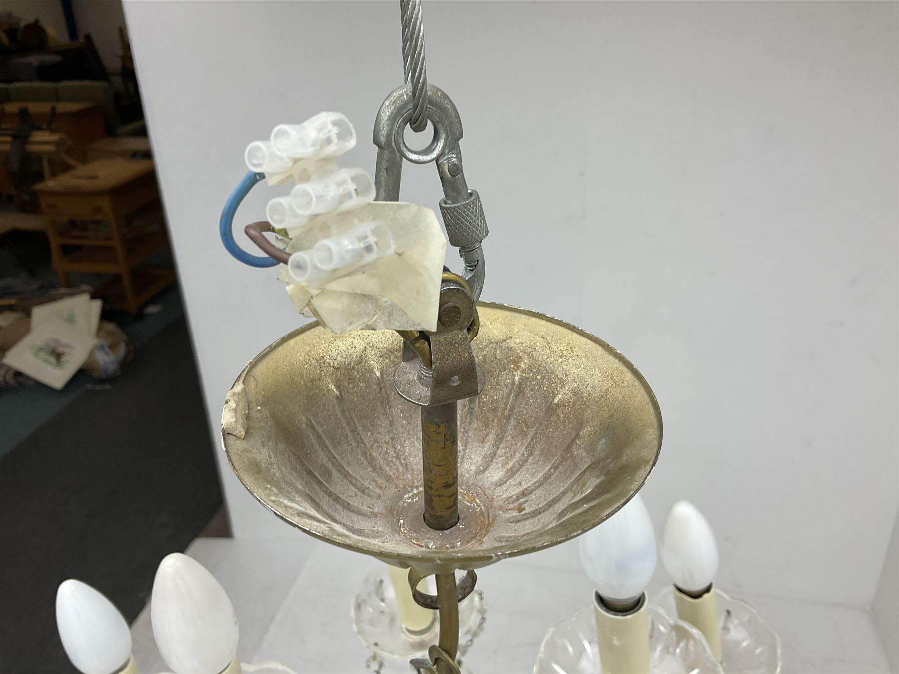 Victorian style glass eight branch chandelier, with drip trays, brass tone support, and drops