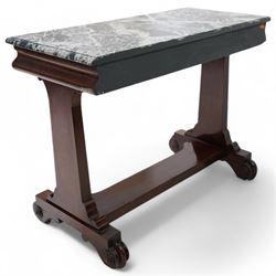 19th century mahogany side table, moulded rectangular top with simulated marble finish, ogee moulded frieze fitted with two drawers, rectangular and supports on scroll carved feet united by flat stretcher 