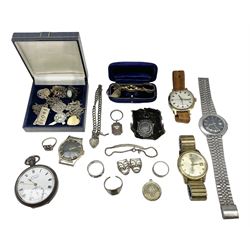 Four wristwatches including Seiko automatic, Sekonda, Timex and Ingersoll, silver Acme Lever pocket watch by H Samuel, 9ct gold keepers ring, silver and 9ct gold paste stone set cluster ring, silver and stone set silver jewellery and other vintage jewellery