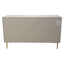 Made.com - 'Ebro' grey six drawer chest, gold painted metal shaped handles, rounded corners with fluted detail, raised on gold painted metal tapered supports