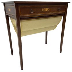 Edwardian Revival mahogany and satinwood banded sewing or work table, fitted with single drawer over upholstered sliding storage well, inlaid with extending floral decoration, on square tapering supports 