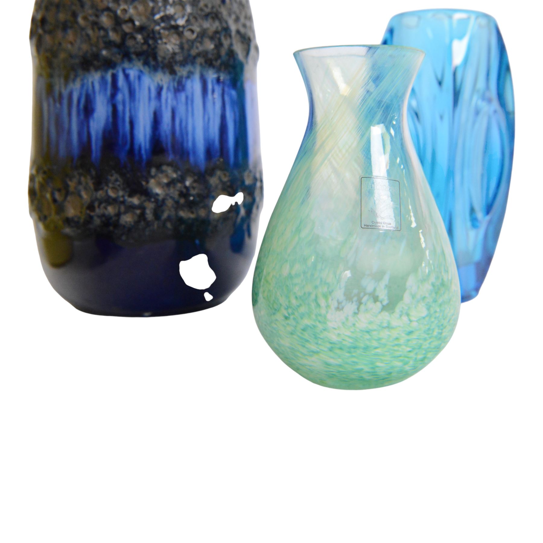 Strathearn glass vase, decorated with multiple swirls against a yellow ground, together with Rudolf Schrötter, blue glass Bullet vase and two other vases 