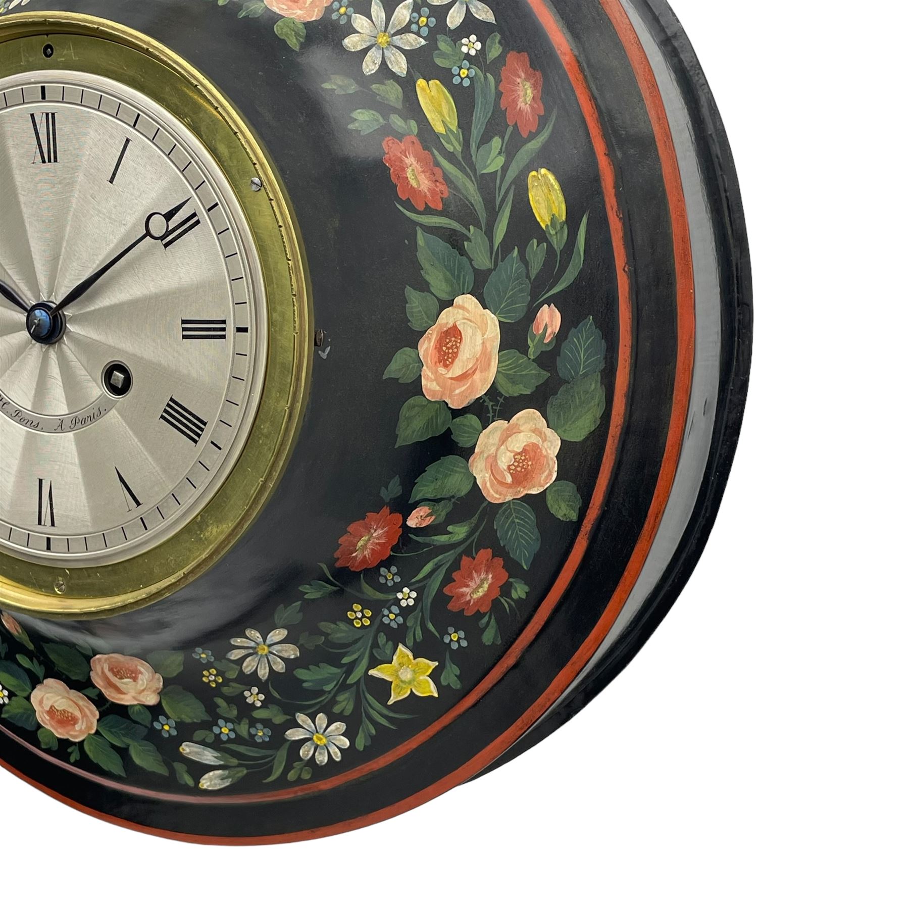 Honore Pons of Paris -  A good and early 19th century Tole Ware wall clock c1830, with a later re-decorated case suspended from a circular brass hanger, cast brass dial bezel and silvered engine turned dial with roman numerals, minute track and steel moon hands, 8-day twin train countwheel striking movement with a silk suspension, striking the hours and half hours on a bell. With pendulum and key.
