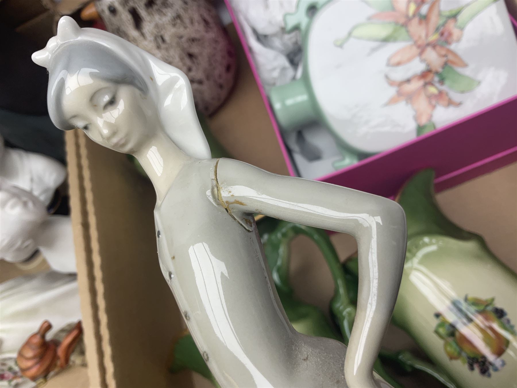 Beswick figure Matthew the trumpet playing pig, together with Royal Doulton figure Diana HN2468, a pair of Limoges busts and other collectables  