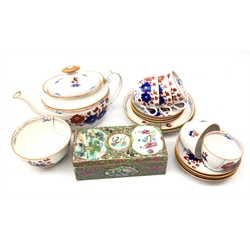  19th century Cantonese Famille Rose brick shaped brush box and cover (a/f), L19.5cm and an early 19th century part tea set painted in blue and red with Chinoiserie design     