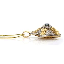14ct white and yellow gold starfish pendant necklace, set with round brilliant cut white diamonds and a central blue diamond, stamped 14KT