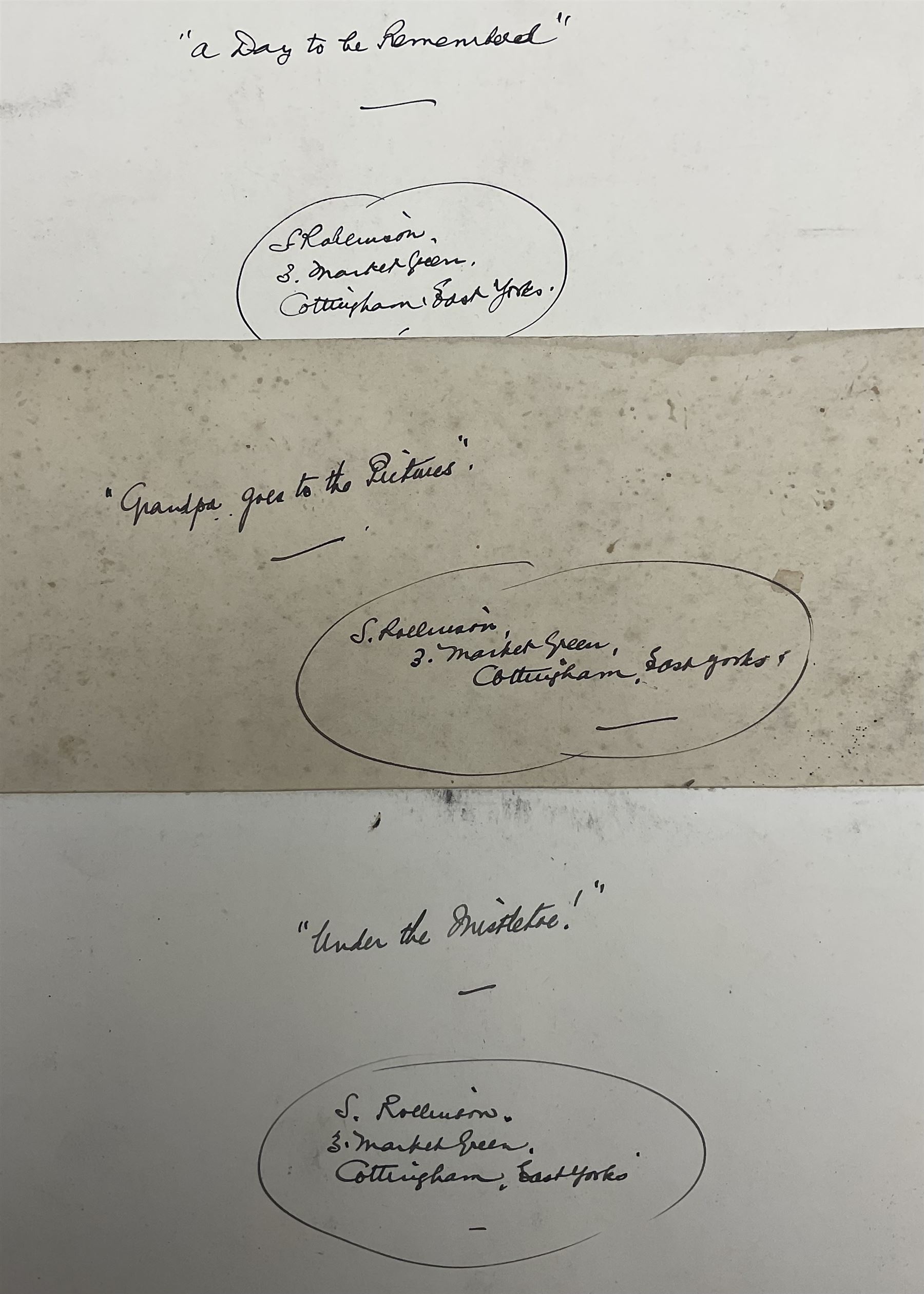 Sunderland Rollinson (British 1872-1950): 'Grandpa' set of nine cartoons including 'Grandpa at the School's Sports' and 'Grandpa Hangs up the Mistletoe Bough', pen and ink with one unfinished pencil sketch, variously signed and titled 13cm x 31cm (unframed) (9)