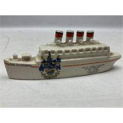 Twelve crested china models of WW1 tanks by Grafton, Arcadian and Carlton china etc with crests from Caistor Lincs, Saffron Walden, Paignton, Evesham etc  , together with a crested china model of the R.M.S Lusitania with New Brighton crest and a two-handled vase for 'The Forts Boxhill' (14)