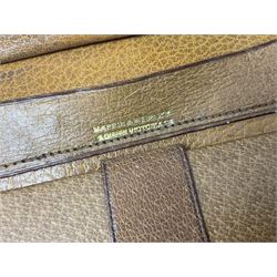 Mappin & Webb leather cased campaign gentleman's vanity set, the tan leather case opening to reveal fitted interior with five engine turned silver capped glass vanity bottles, hallmarked Mappin & Webb, London 1944, brushes, mirror etc, monogram DPK to the top of the case