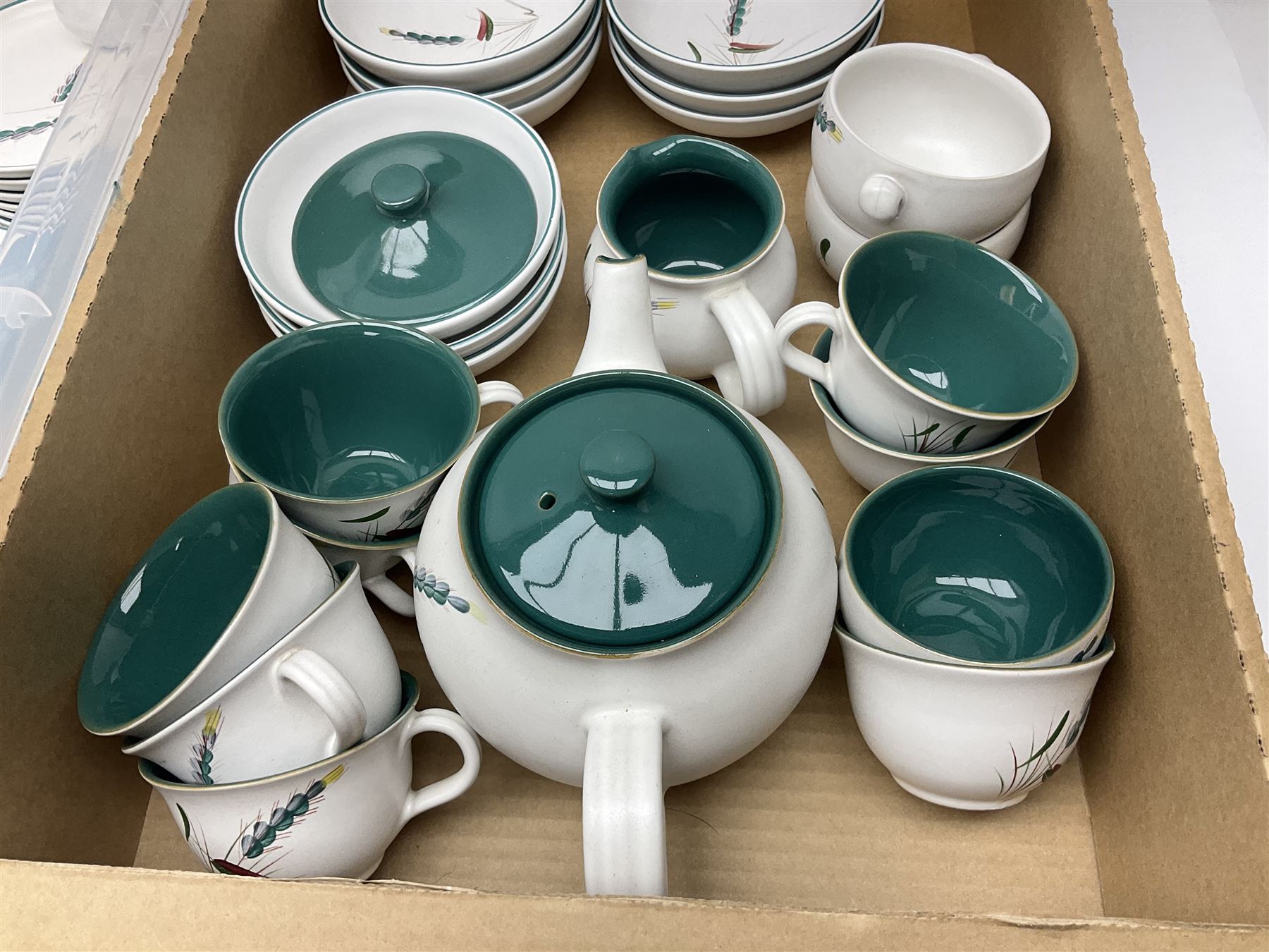 Denby Green Wheat pattern part tea and dinner wares, including serving platters, teacups, teapot, side plates, etc, all with stamped mark beneath