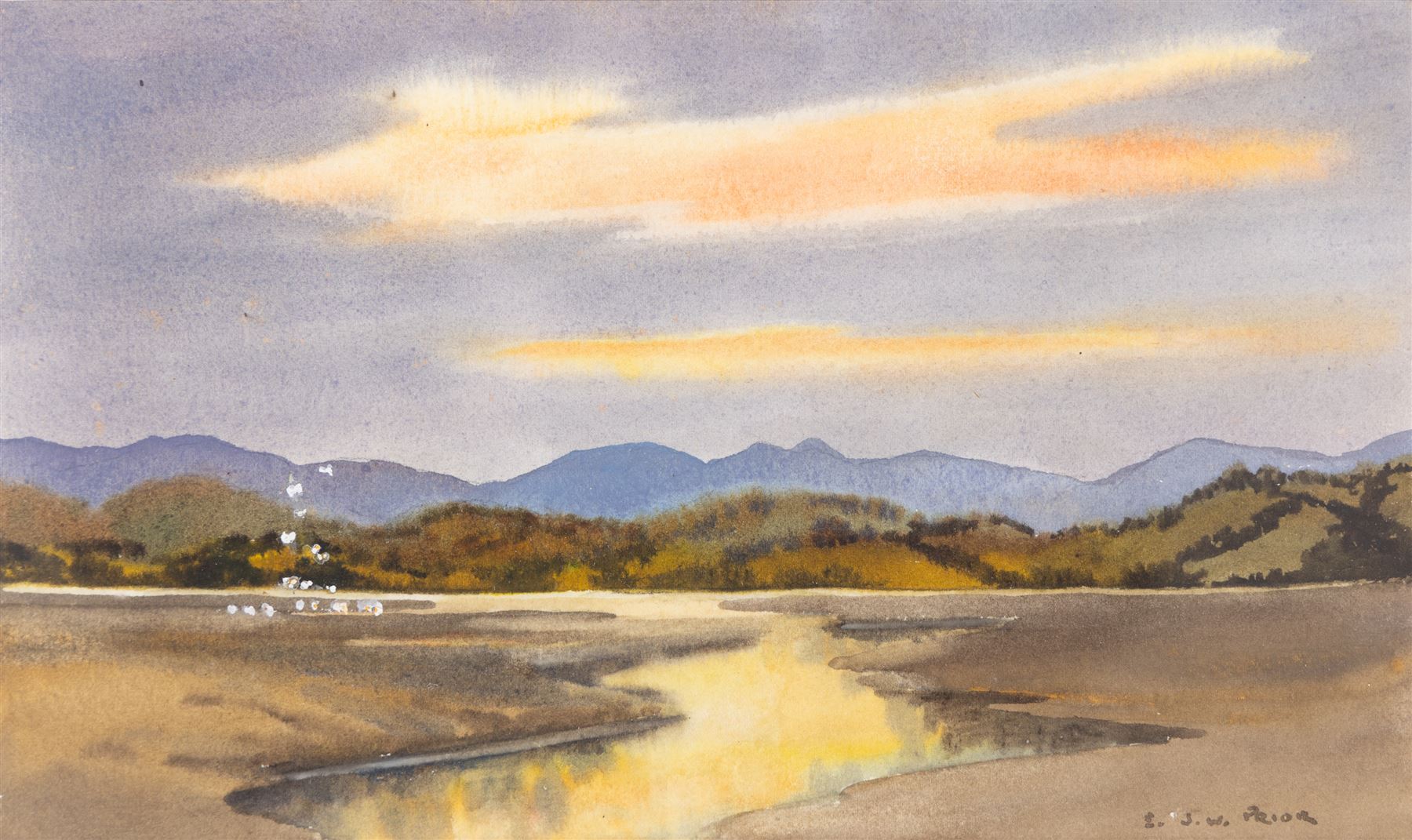 Ebenezer John Woods (Jack) Prior (British 1914-1988): 'The Estuary Near Arnside' and 'Flowerdale Bay -Gairloch Wester Ross', two watercolours signed, titled verso 18.5cm x 27.5cm; together with a signed print (3)