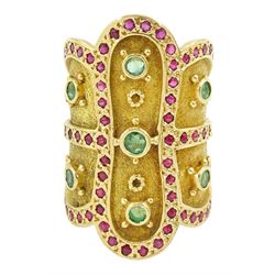 18ct gold emerald and ruby panel ring, stamped 750