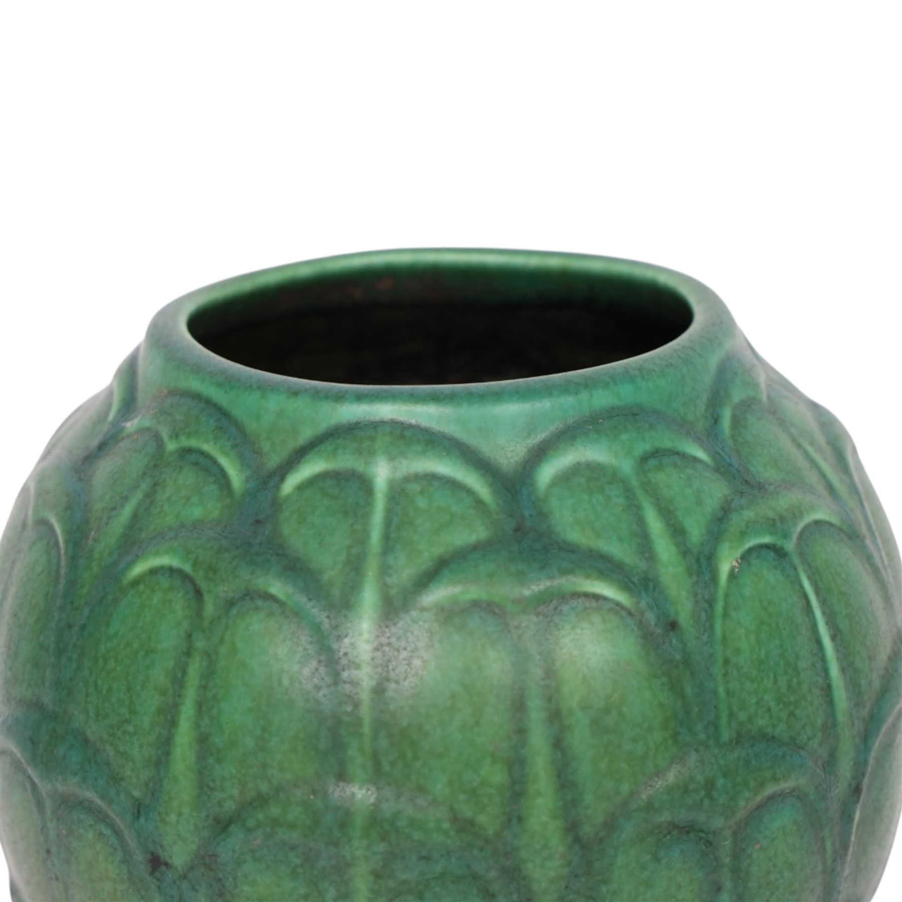 Pilkington's Royal Lancastrian green vase, of bulbous form, with stylised leaf decoration, with impressed mark and number 3362 beneath, H17cm 