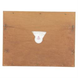 Pair of turn of the century Royal Worcester oval porcelain plaques painted by John Stinton, the first example depicting highland cattle watering against misty mountains, titled 'Loch Lomond' verso, the second depicting cows watering before a bridge with church in the distance, titled 'Bakewell Bridge Derbyshire', each signed J Stinton, each with puce printed mark verso, and date codes for 1899 and 1900, each contained within gilt frame with mount, plaques approximately 14.5cm x 23cm, overall 29.5cm x 38cm