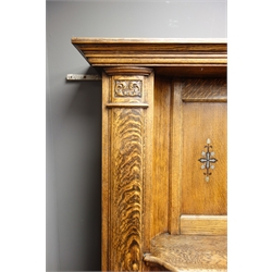  Large early 20th century inlaid oak fire surround, projecting cornice, panelled back with bevel edged centre mirror above bracket support shelf, W170, H183cm  