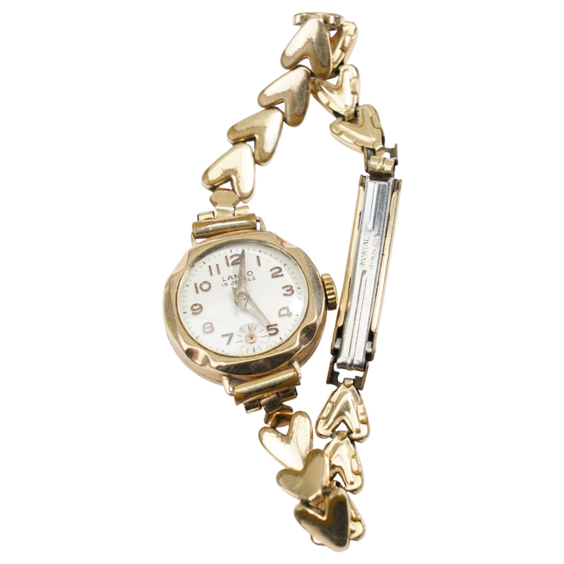 Two 9ct gold manual wind wristwatch, one on expanding 9ct gold bracelet, the other with gold-plated heart link bracelet