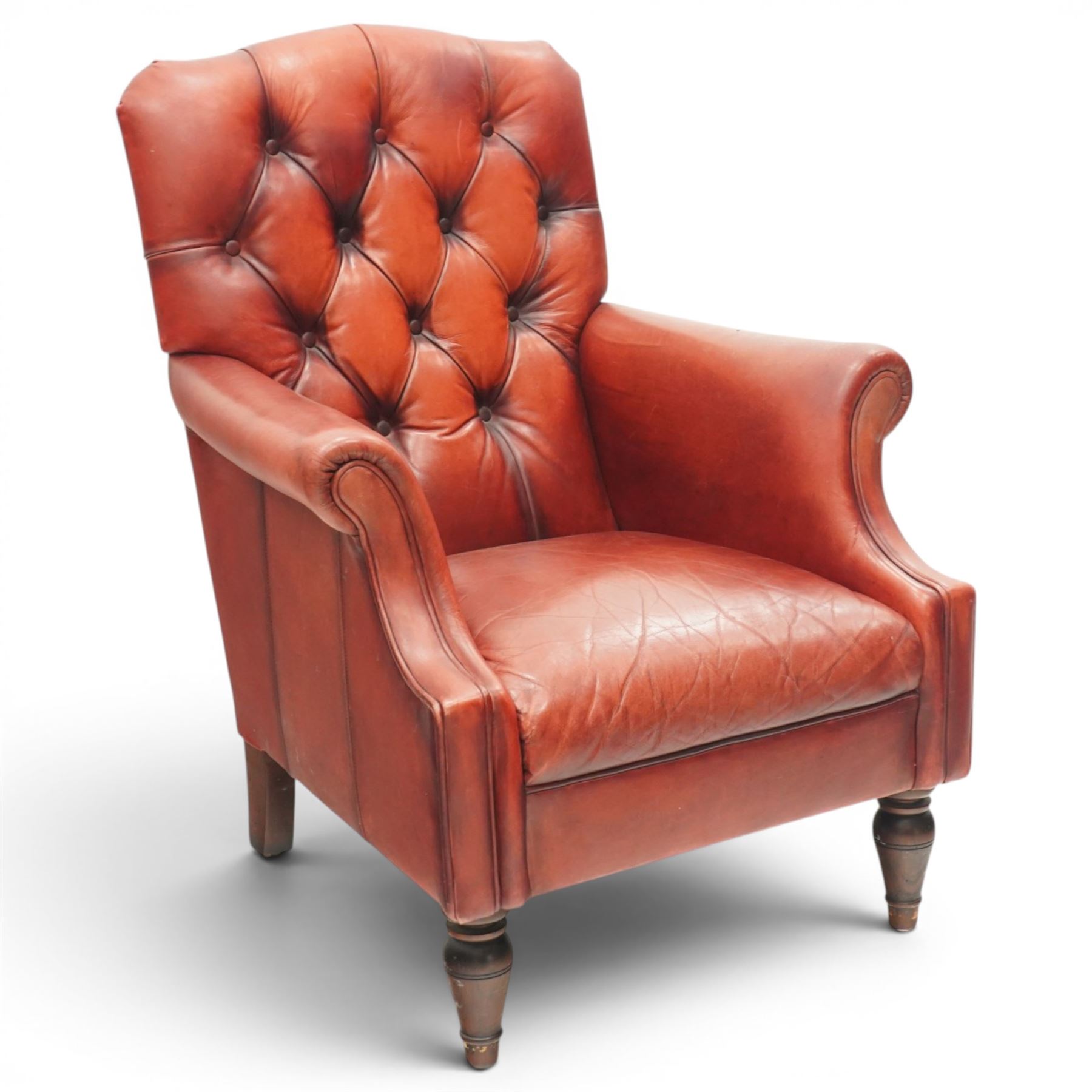 Laura Ashely - Georgian design Chesterfield style armchair, upholstered in back-buttoned crimson leather, on turned front supports
