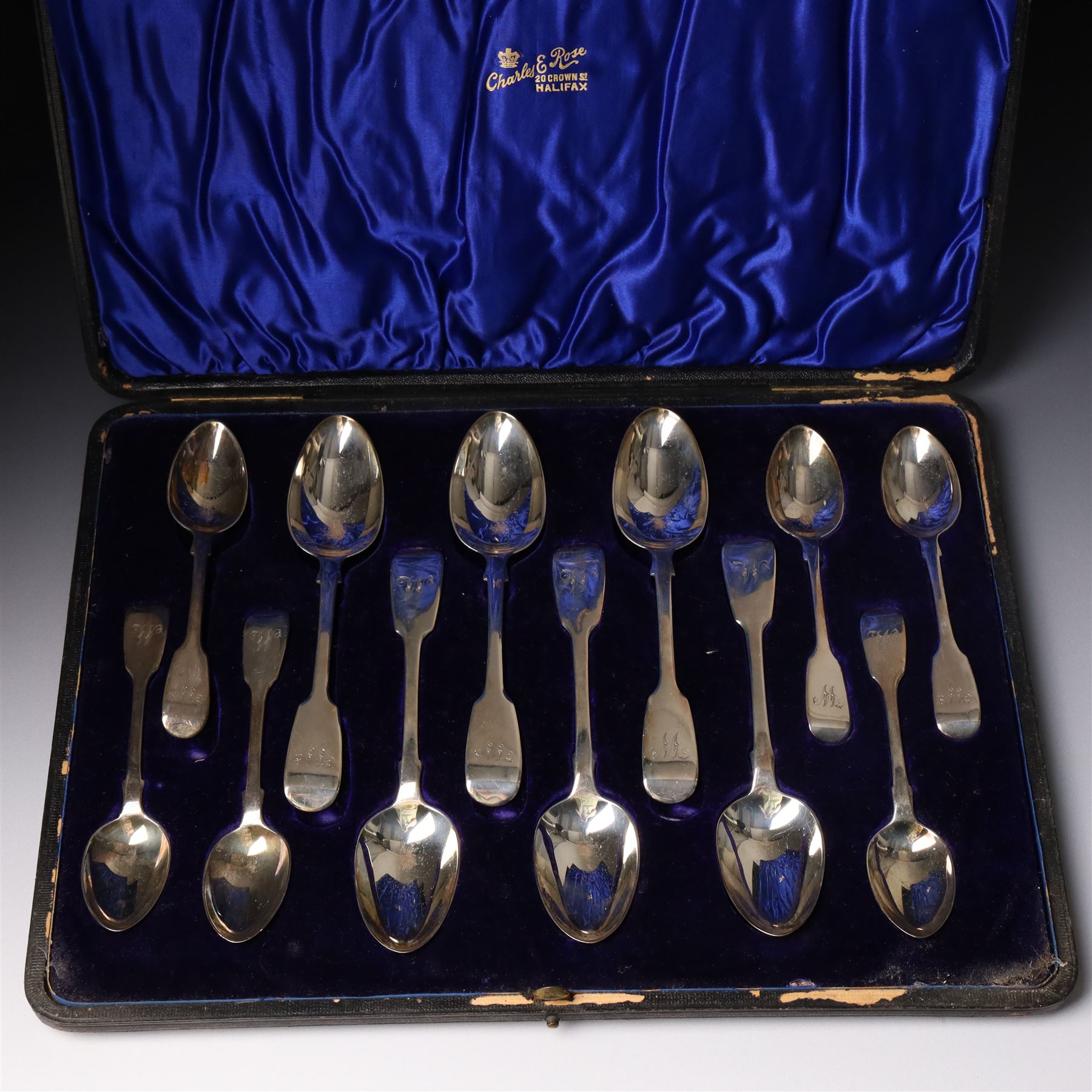 Set of six Victorian  silver fiddle pattern dessert spoons initialled 'W' and six matching teaspoons London 1847 Maker Henry Holland, cased