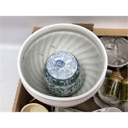 Doulton Lambeth Slaters vase of baluster form decorated with flowers, Chinese ginger jar in the form of a pumpkin, three Le Creuset red ramekins, Hornsea, Paragon Athena pattern tea wares, jardinière and other ceramics in two boxes 